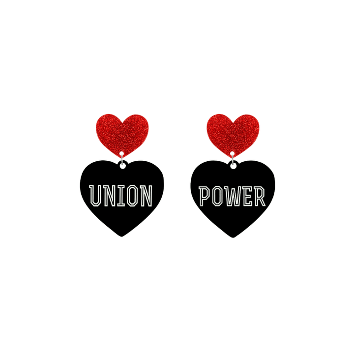 haus of dizzy black Heart-shaped earrings with 'UNION POWER' text in white and red glittery hearts tops size small