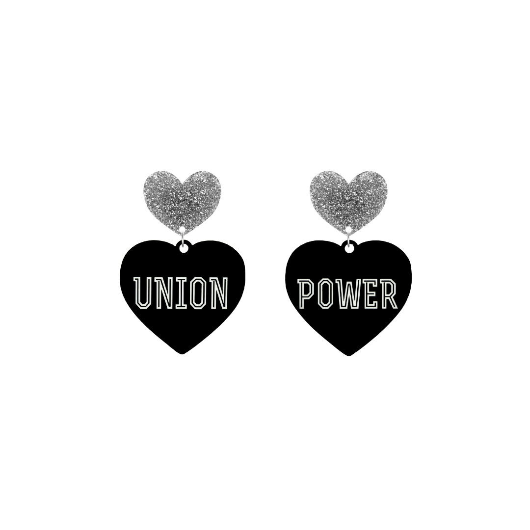 haus of dizzy black Heart-shaped earrings with 'UNION POWER' text in white and silver glittery hearts tops size small