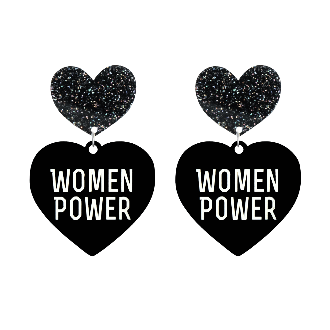haus of dizzy black heart-shaped earrings with 'WOMEN POWER' text in white and black glittery hearts tops size large