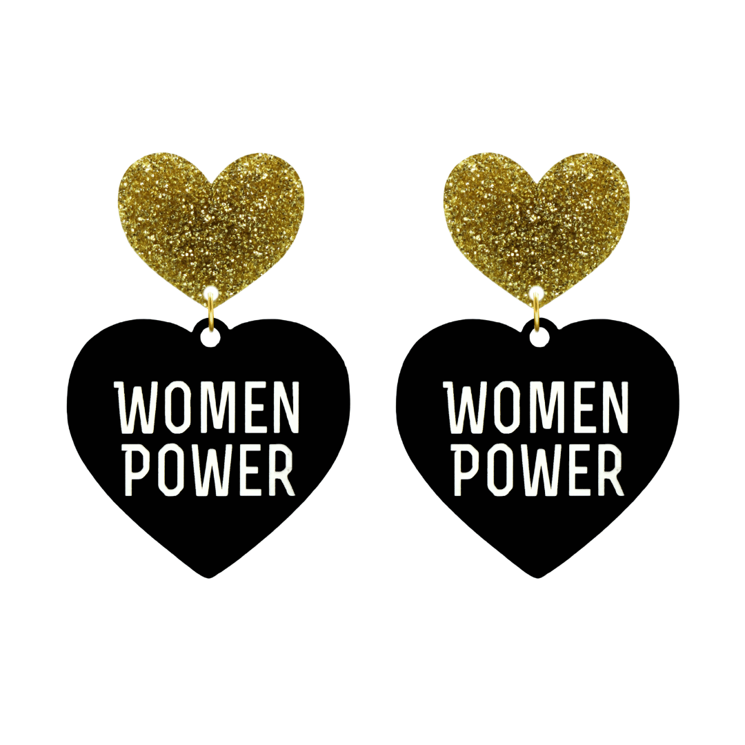 haus of dizzy black heart-shaped earrings with 'WOMEN POWER' text in white and gold glittery hearts tops size large
