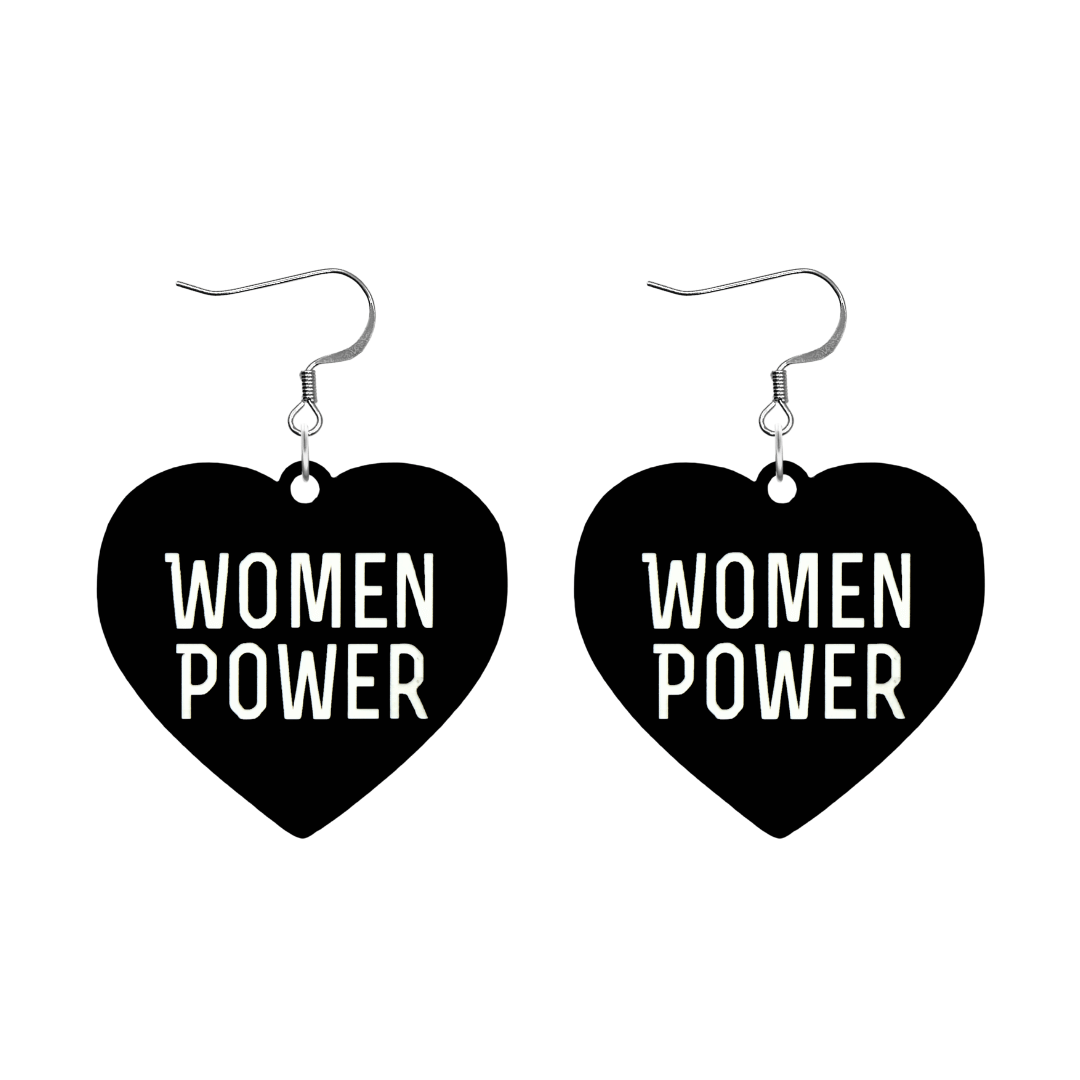 haus of dizzy black heart-shaped earrings with 'WOMEN POWER' text in white with silver hooks no heart tops size large