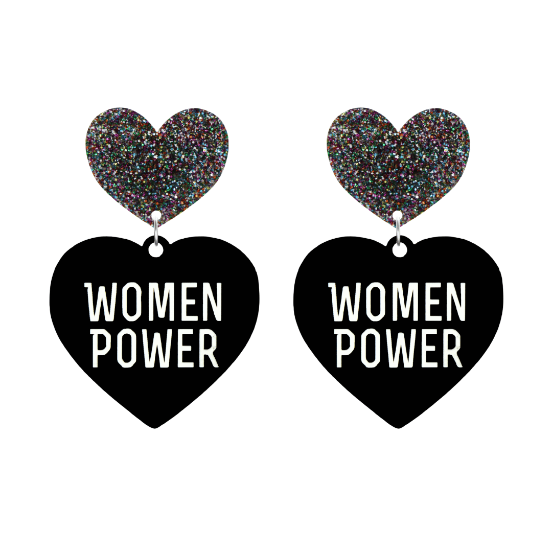 haus of dizzy black heart-shaped earrings with 'WOMEN POWER' text in white and multi coloured glittery hearts tops size large