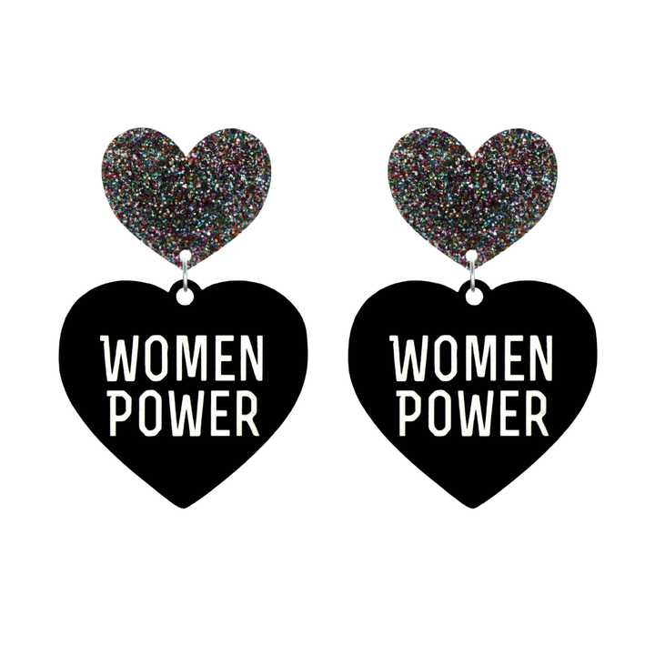 haus of dizzy black heart-shaped earrings with 'WOMEN POWER' text in white and multi coloured glittery hearts tops size large