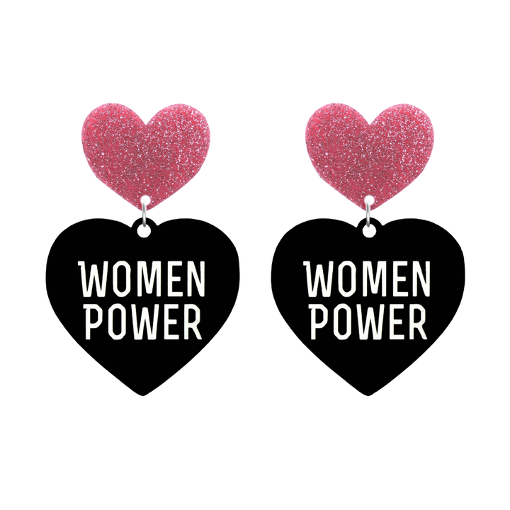 haus of dizzy black heart-shaped earrings with 'WOMEN POWER' text in white and pink glittery hearts tops size large