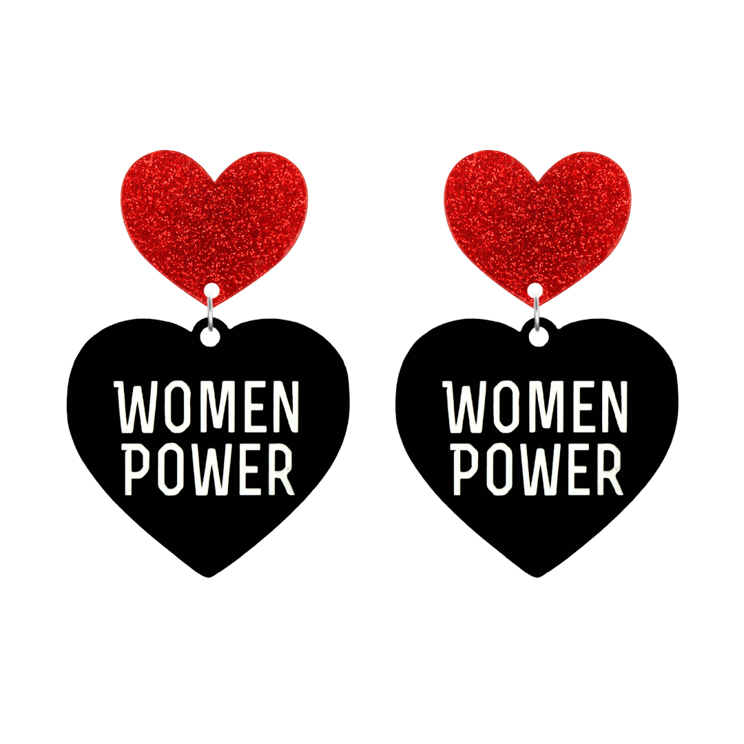 haus of dizzy black heart-shaped earrings with 'WOMEN POWER' text in white and red glittery hearts tops size large