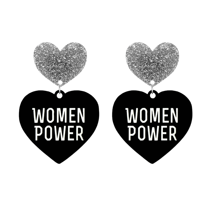 haus of dizzy black heart-shaped earrings with 'WOMEN POWER' text in white and silver glittery hearts tops size large