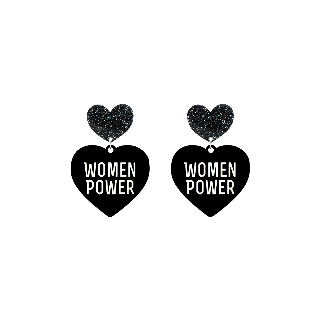 haus of dizzy black heart-shaped earrings with 'WOMEN POWER' text in white and black glittery hearts tops size small