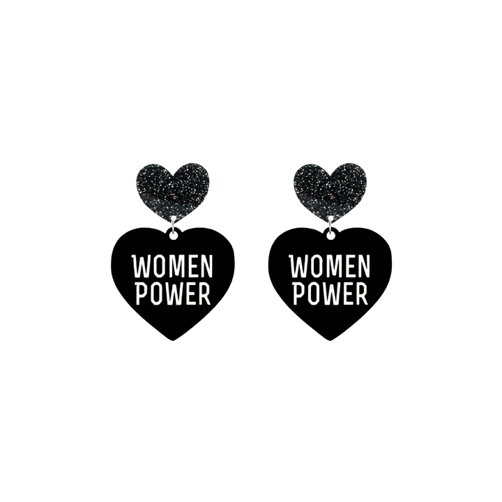 haus of dizzy black heart-shaped earrings with 'WOMEN POWER' text in white and black glittery hearts tops size small