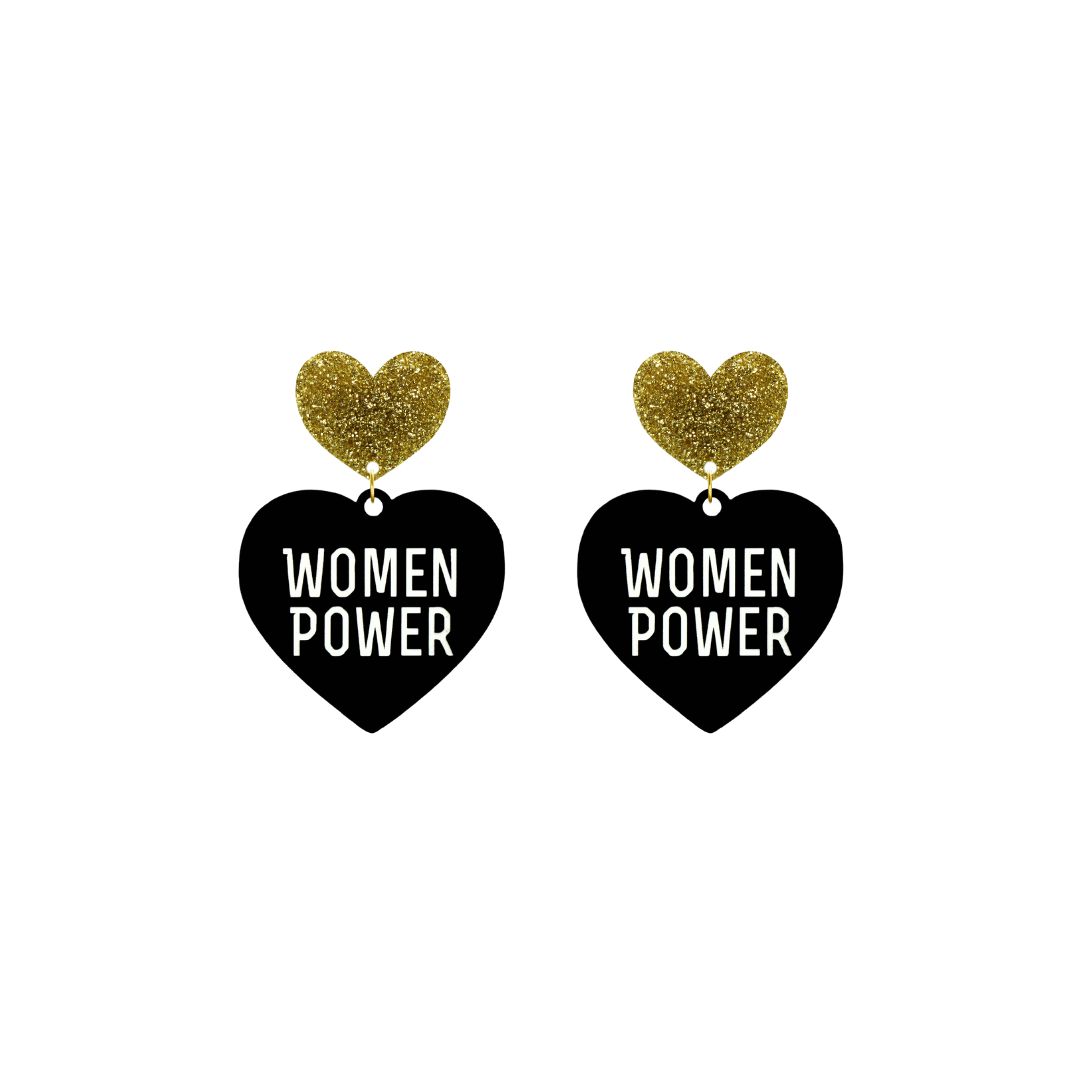 haus of dizzy black heart-shaped earrings with 'WOMEN POWER' text in white and gold glittery hearts tops size small