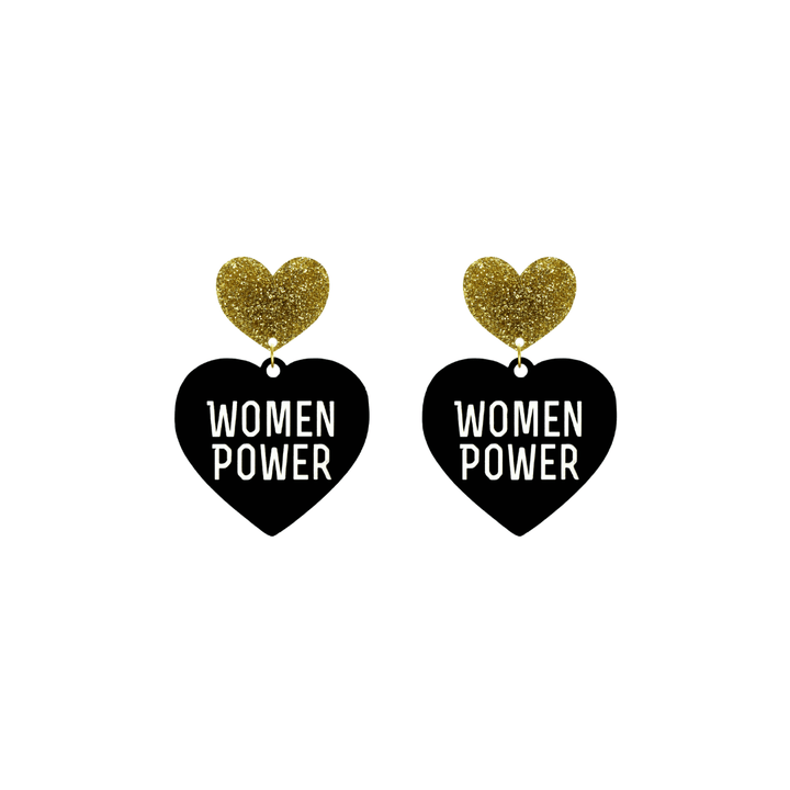 haus of dizzy black heart-shaped earrings with 'WOMEN POWER' text in white and gold glittery hearts tops size small