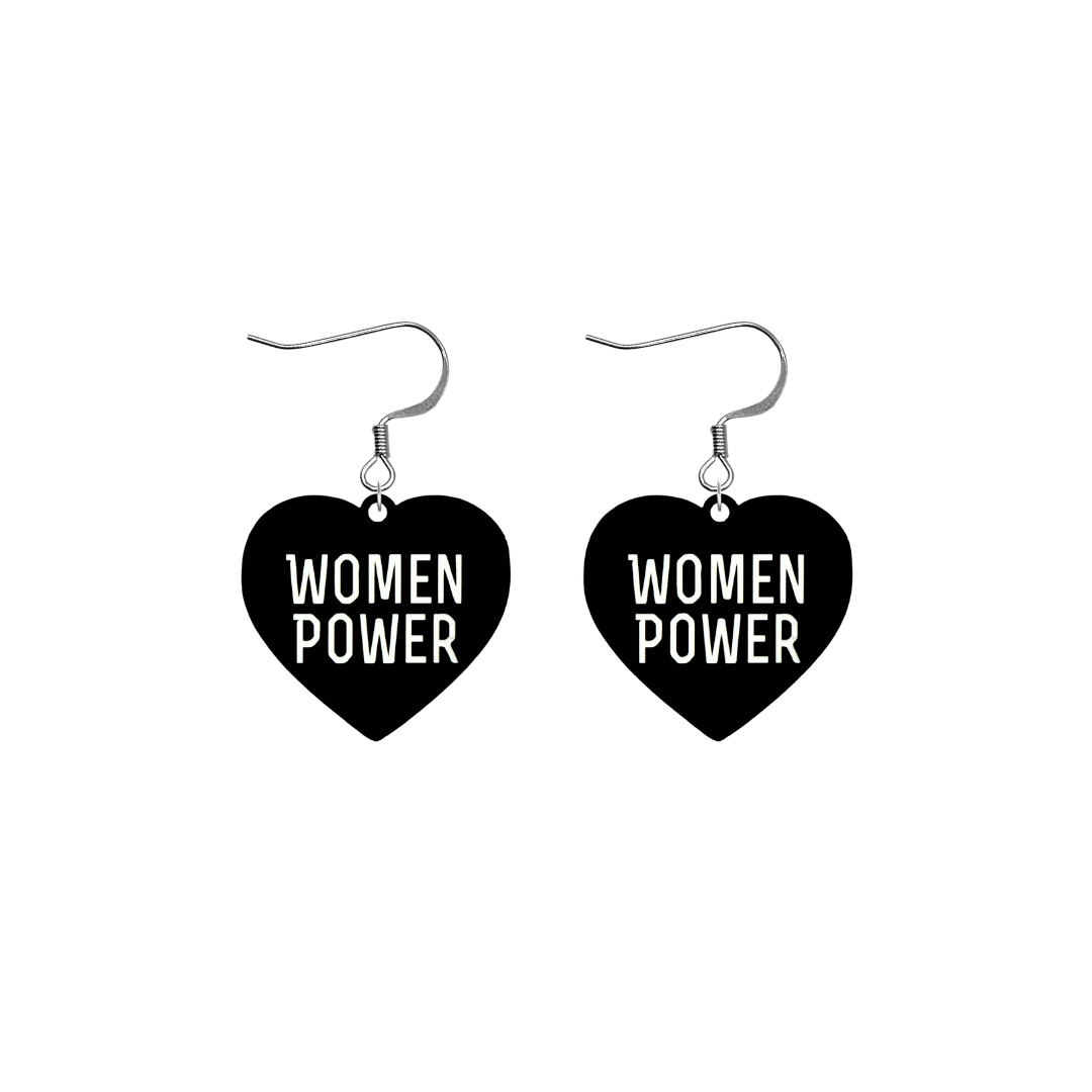 haus of dizzy black heart-shaped earrings with 'WOMEN POWER' text in white with silver hooks no heart tops size small