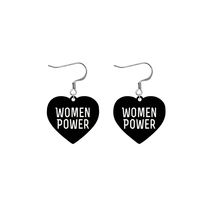haus of dizzy black heart-shaped earrings with 'WOMEN POWER' text in white with silver hooks no heart tops size small
