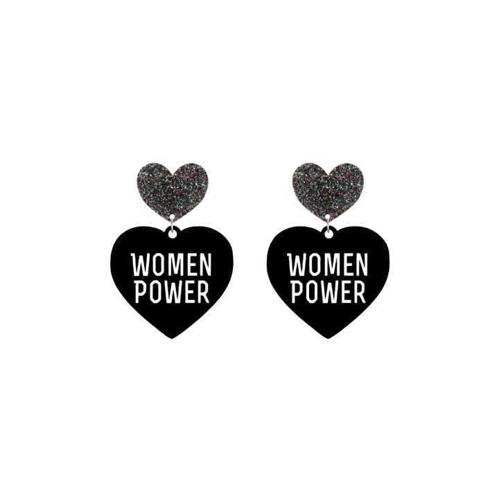 haus of dizzy black heart-shaped earrings with 'WOMEN POWER' text in white and multi coloured glittery hearts tops size small