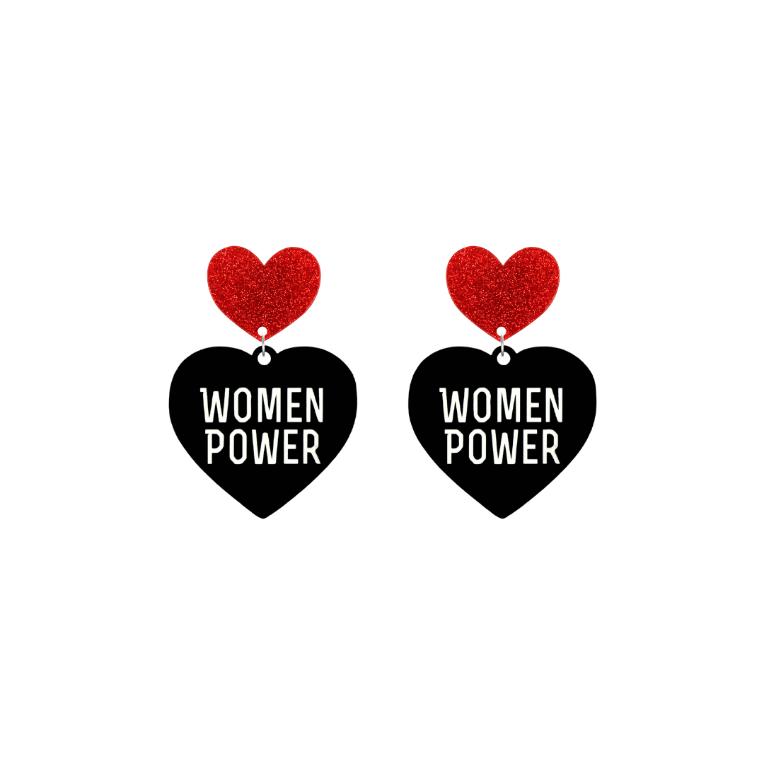 haus of dizzy black heart-shaped earrings with 'WOMEN POWER' text in white and red glittery hearts tops size small