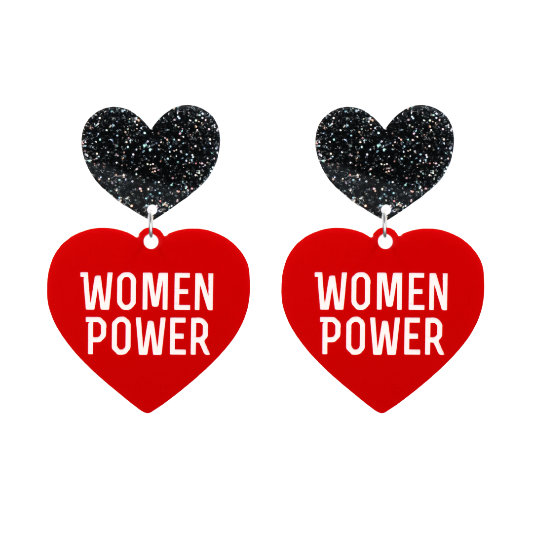 haus of dizzy red heart-shaped earrings with 'WOMEN POWER' text in white and black glittery hearts tops size large