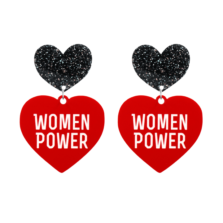haus of dizzy red heart-shaped earrings with 'WOMEN POWER' text in white and black glittery hearts tops size large