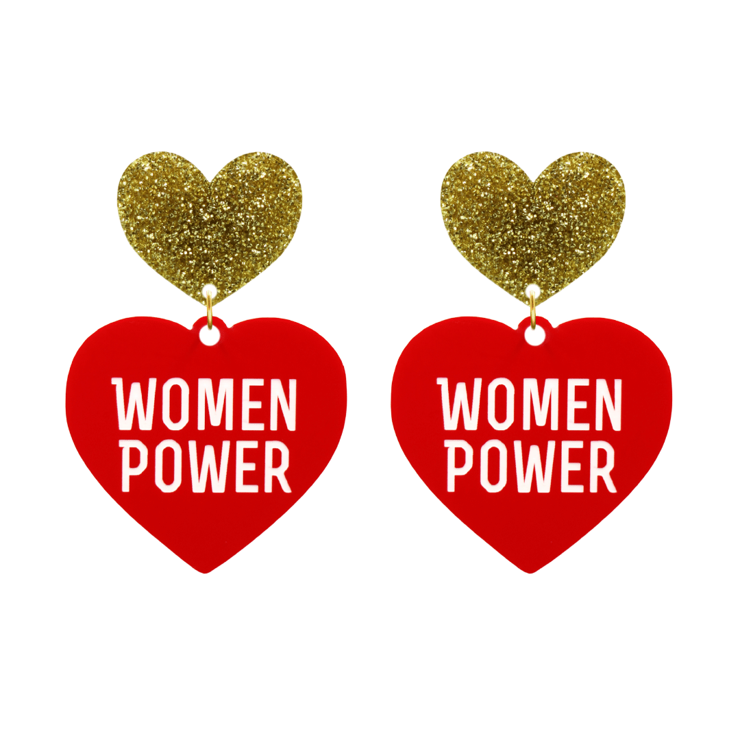 haus of dizzy red heart-shaped earrings with 'WOMEN POWER' text in white and gold glittery hearts tops size large