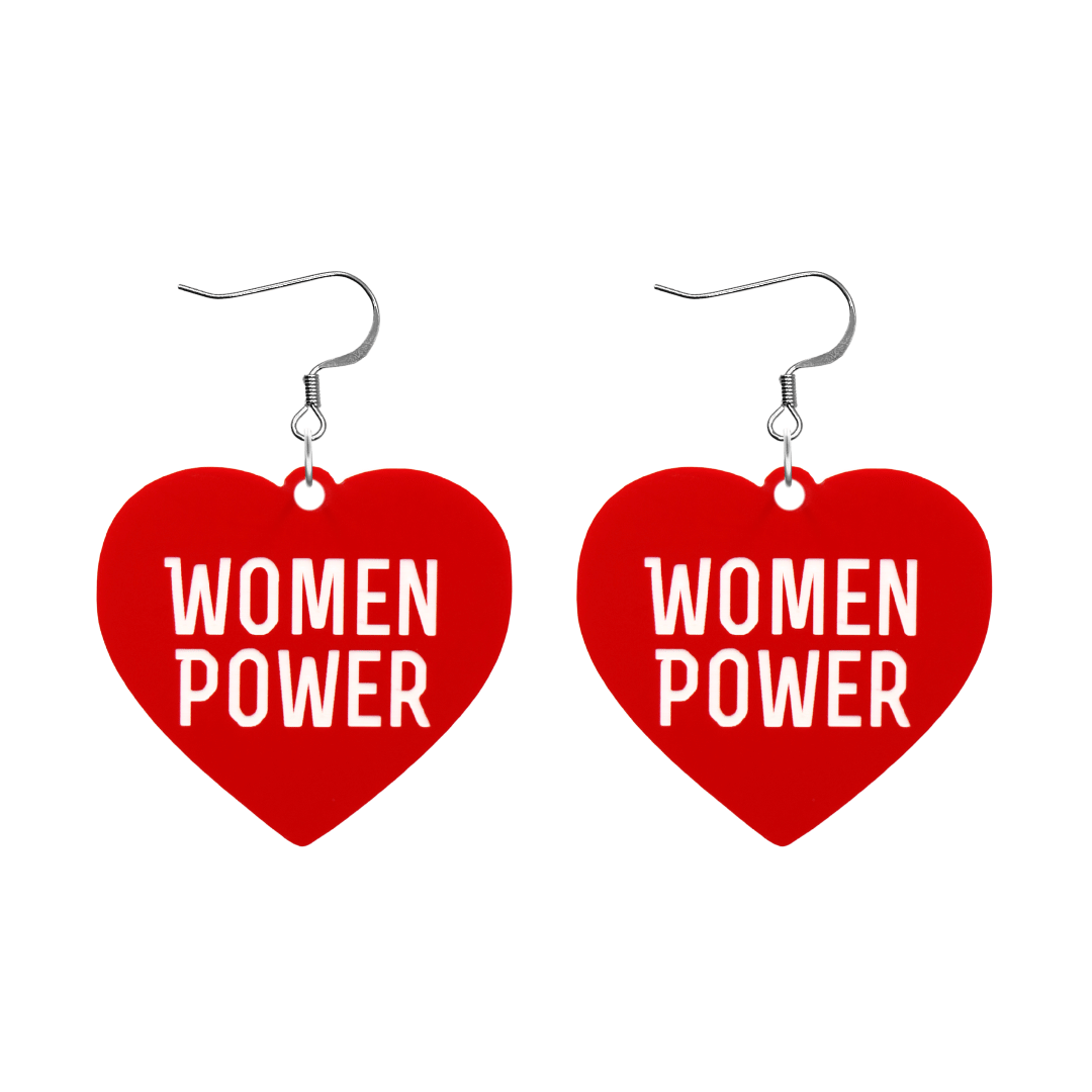 haus of dizzy red heart-shaped earrings with 'WOMEN POWER' text in white with silver hooks no heart tops size large