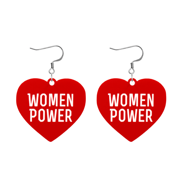 haus of dizzy red heart-shaped earrings with 'WOMEN POWER' text in white with silver hooks no heart tops size large