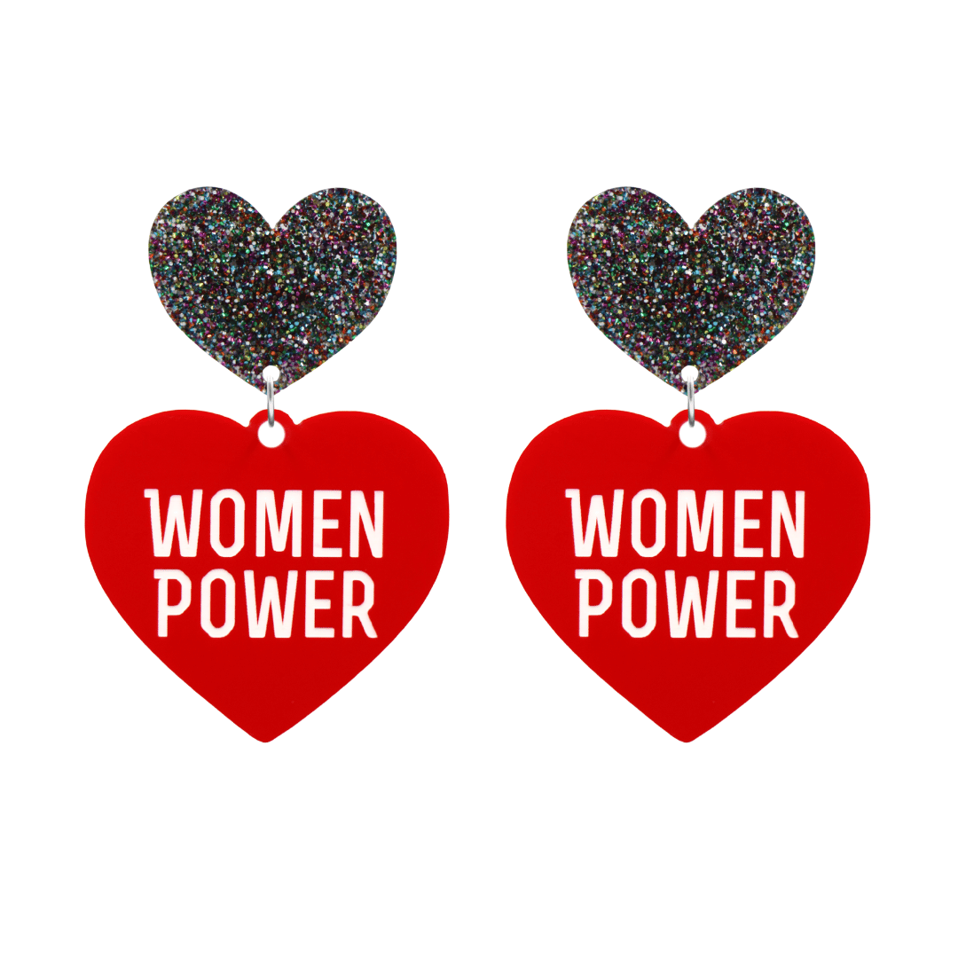 haus of dizzy red heart-shaped earrings with 'WOMEN POWER' text in white and multi coloured glittery hearts tops size large
