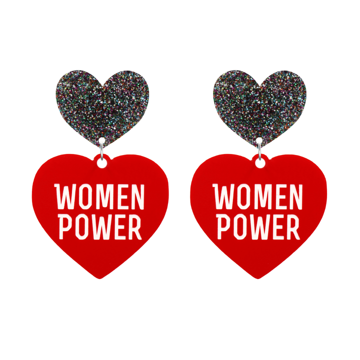 haus of dizzy red heart-shaped earrings with 'WOMEN POWER' text in white and multi coloured glittery hearts tops size large