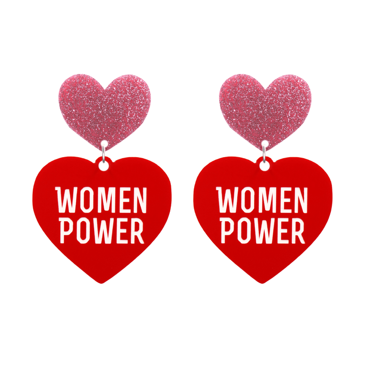 haus of dizzy red heart-shaped earrings with 'WOMEN POWER' text in white and pink glittery hearts tops size large