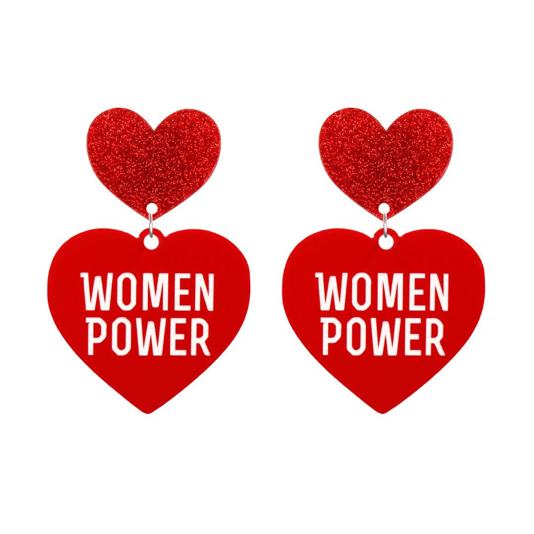 haus of dizzy red heart-shaped earrings with 'WOMEN POWER' text in white and red glittery hearts tops size large