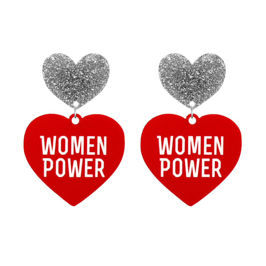 haus of dizzy red heart-shaped earrings with 'WOMEN POWER' text in white and silver glittery hearts tops size large