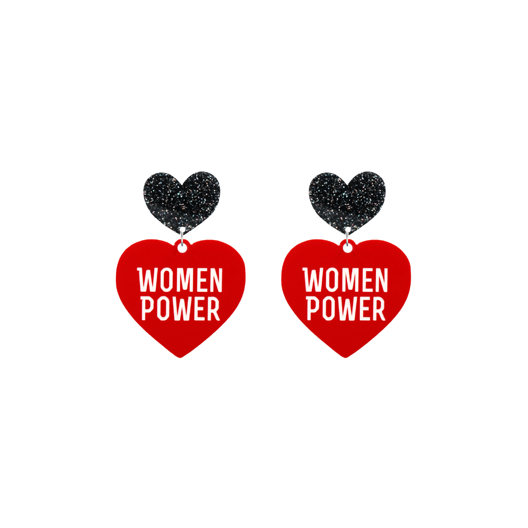 haus of dizzy red heart-shaped earrings with 'WOMEN POWER' text in white and black glittery hearts tops size small