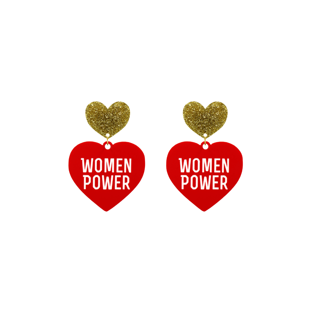 haus of dizzy red heart-shaped earrings with 'WOMEN POWER' text in white and gold glittery hearts tops size small