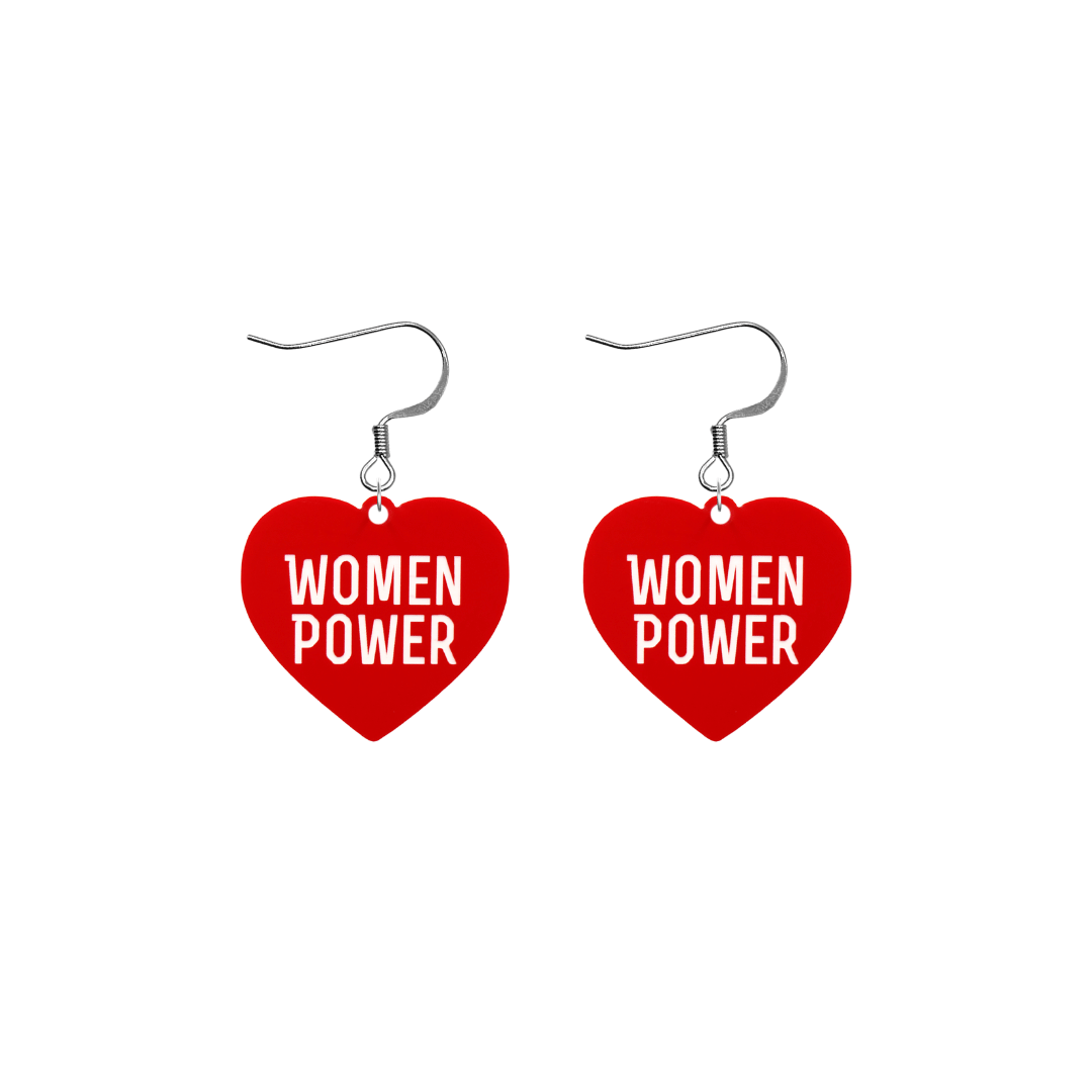 haus of dizzy red heart-shaped earrings with 'WOMEN POWER' text in white with silver hooks no heart tops size small