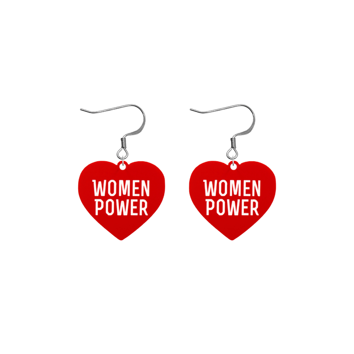 haus of dizzy red heart-shaped earrings with 'WOMEN POWER' text in white with silver hooks no heart tops size small