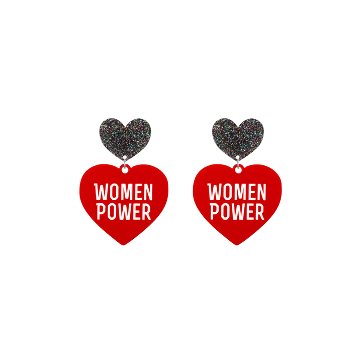 haus of dizzy red heart-shaped earrings with 'WOMEN POWER' text in white and multi coloured glittery hearts tops size small