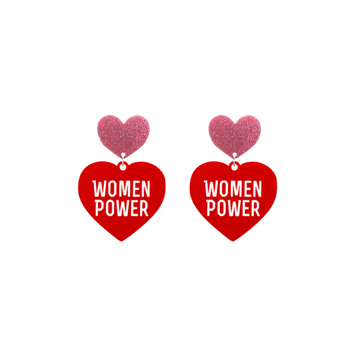 haus of dizzy red heart-shaped earrings with 'WOMEN POWER' text in white and pink glittery hearts tops size small