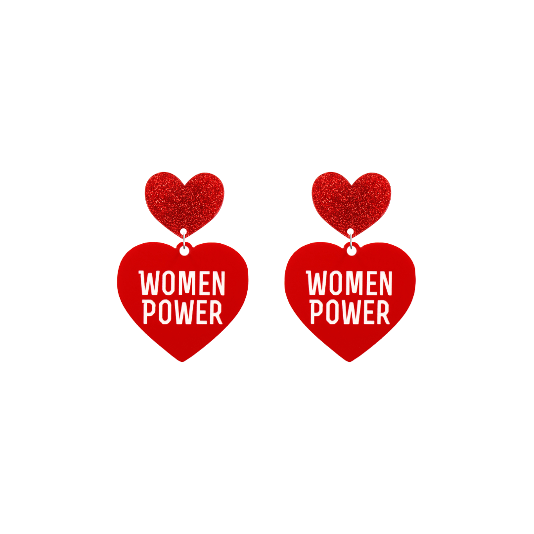 haus of dizzy red heart-shaped earrings with 'WOMEN POWER' text in white and red glittery hearts tops size small