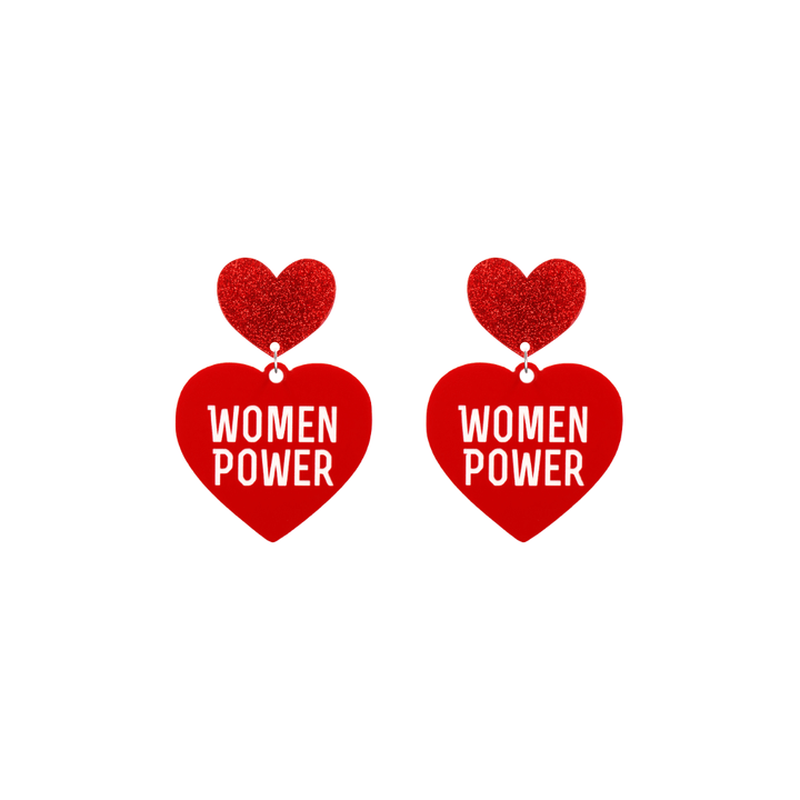 haus of dizzy red heart-shaped earrings with 'WOMEN POWER' text in white and red glittery hearts tops size small