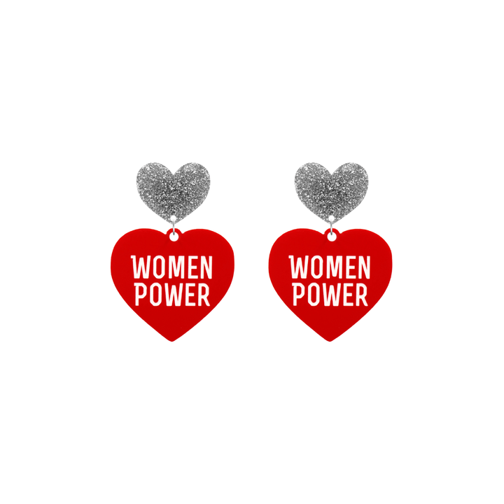 haus of dizzy red heart-shaped earrings with 'WOMEN POWER' text in white and silver glittery hearts tops size small