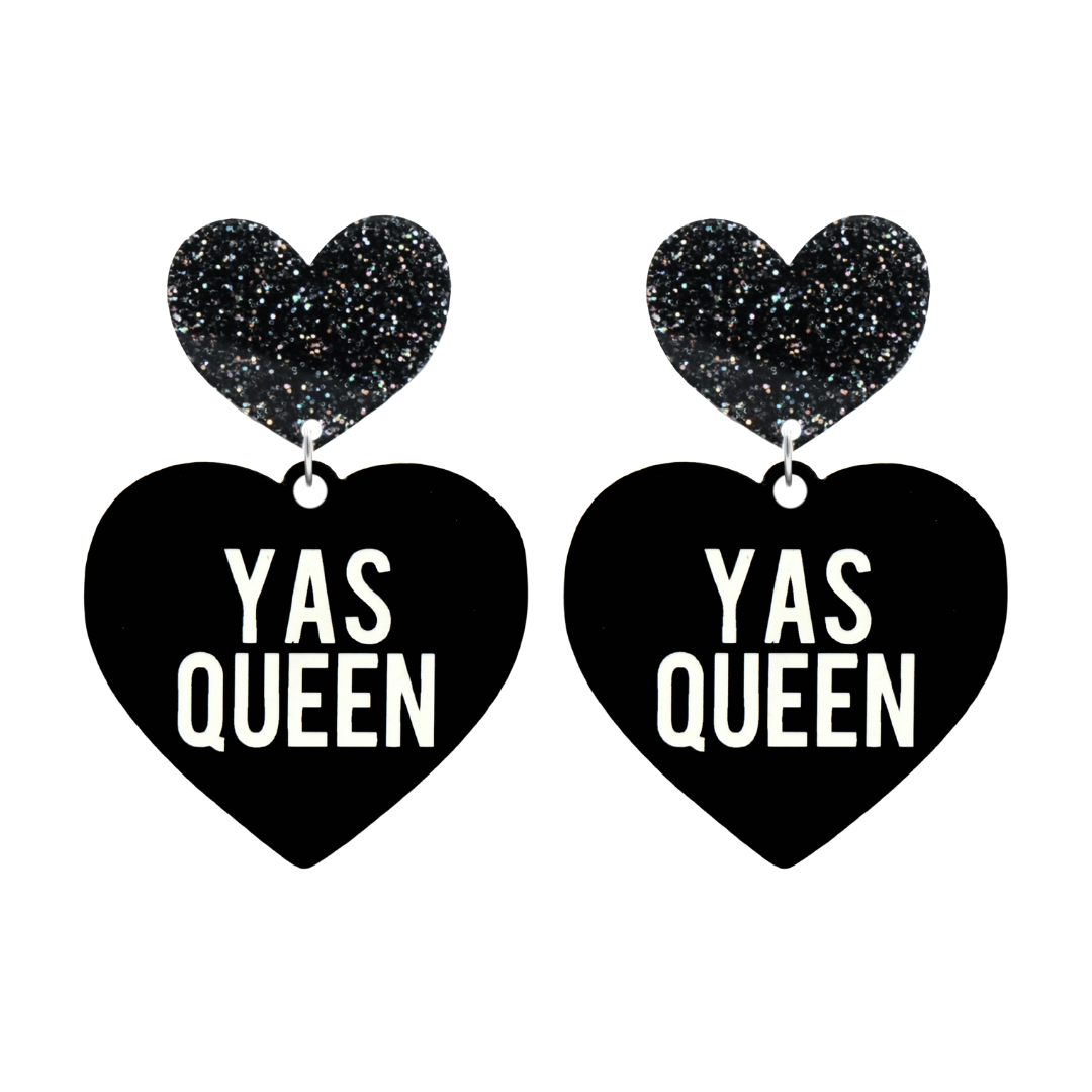 haus of dizzy black heart-shaped earrings with 'YAS QUEEN' text in white and black glittery hearts tops size large