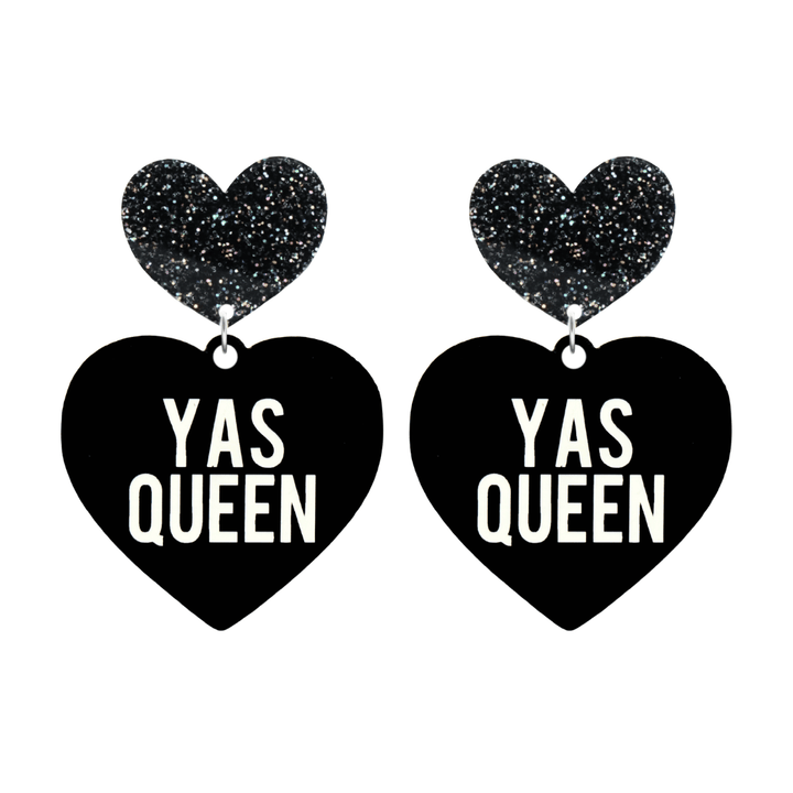 haus of dizzy black heart-shaped earrings with 'YAS QUEEN' text in white and black glittery hearts tops size large