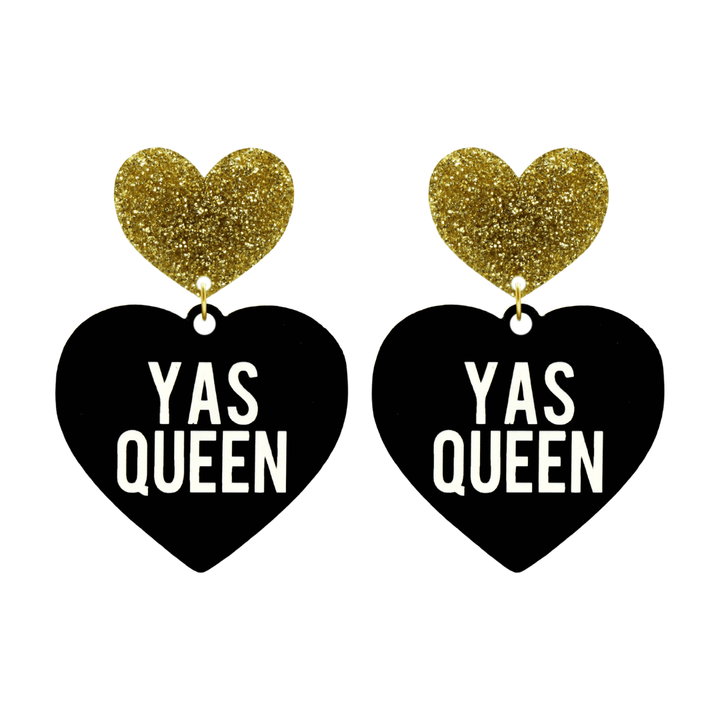 haus of dizzy black heart-shaped earrings with 'YAS QUEEN' text in white and gold glittery hearts tops size large