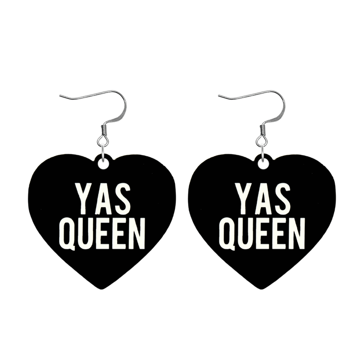 haus of dizzy black heart-shaped earrings with 'YAS QUEEN' text in white with silver hooks no heart tops size large