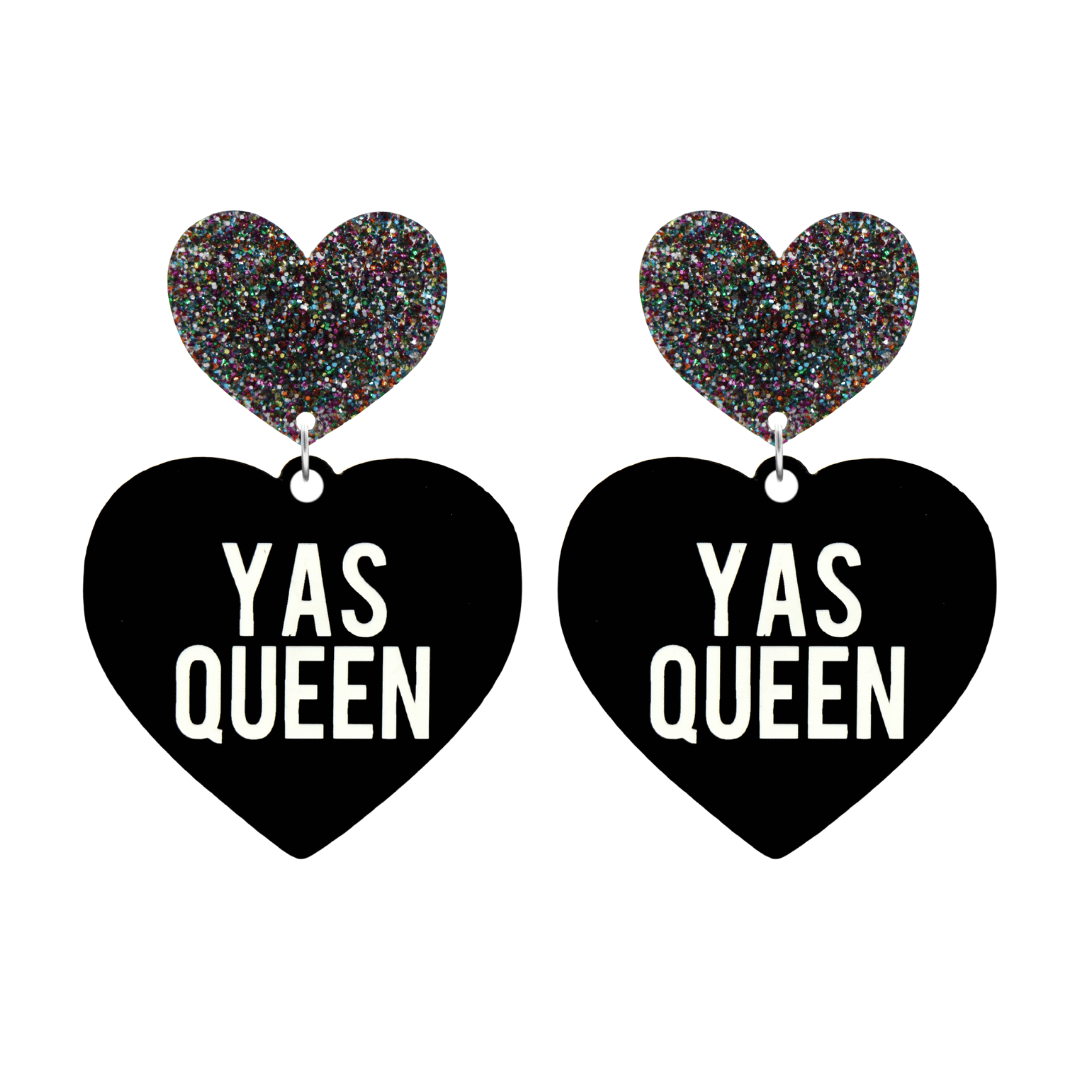 haus of dizzy black heart-shaped earrings with 'YAS QUEEN' text in white and multi coloured glittery hearts tops size large