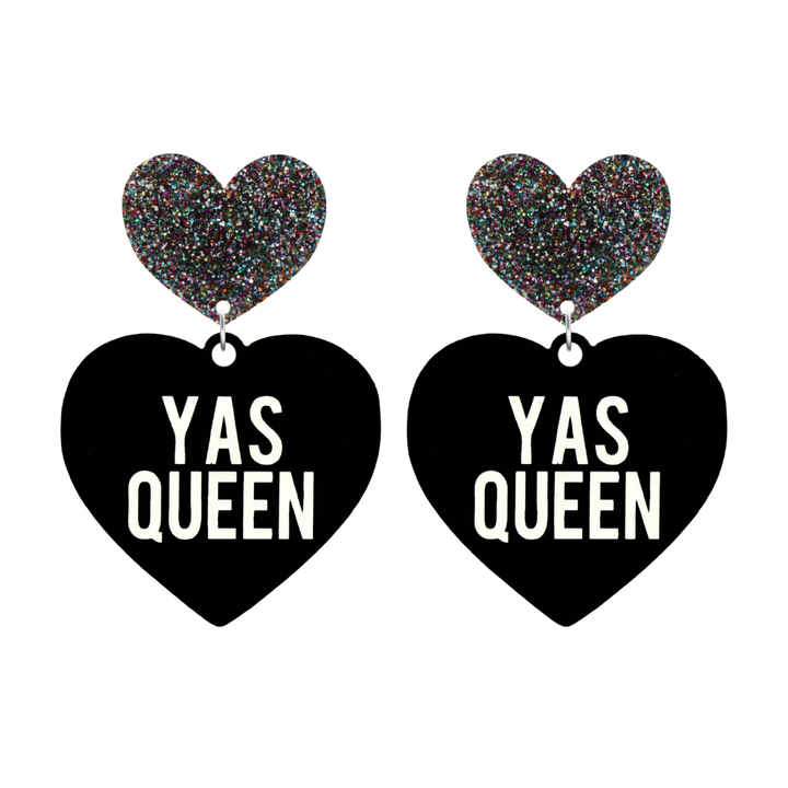 haus of dizzy black heart-shaped earrings with 'YAS QUEEN' text in white and multi coloured glittery hearts tops size large
