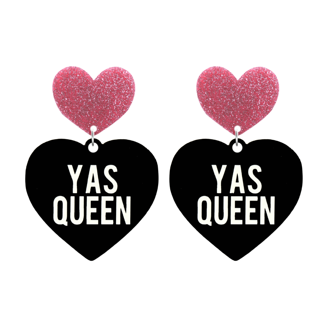 haus of dizzy black heart-shaped earrings with 'YAS QUEEN' text in white and pink glittery hearts tops size large