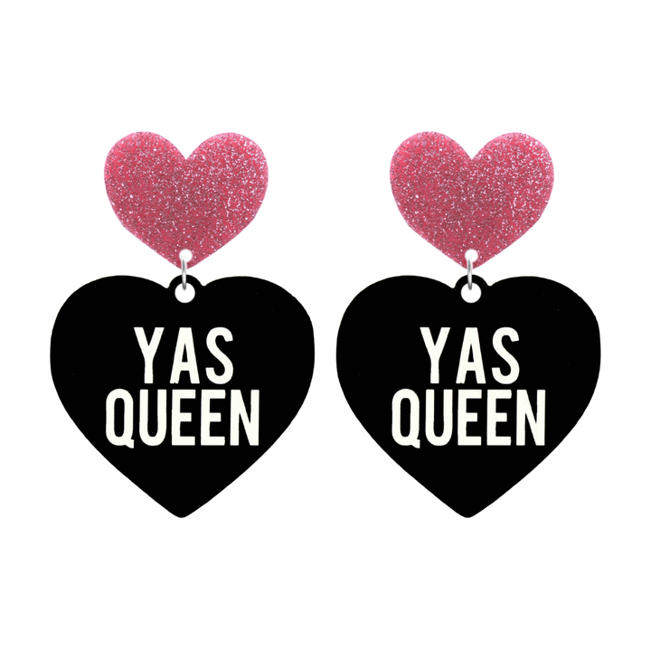 haus of dizzy black heart-shaped earrings with 'YAS QUEEN' text in white and pink glittery hearts tops size large