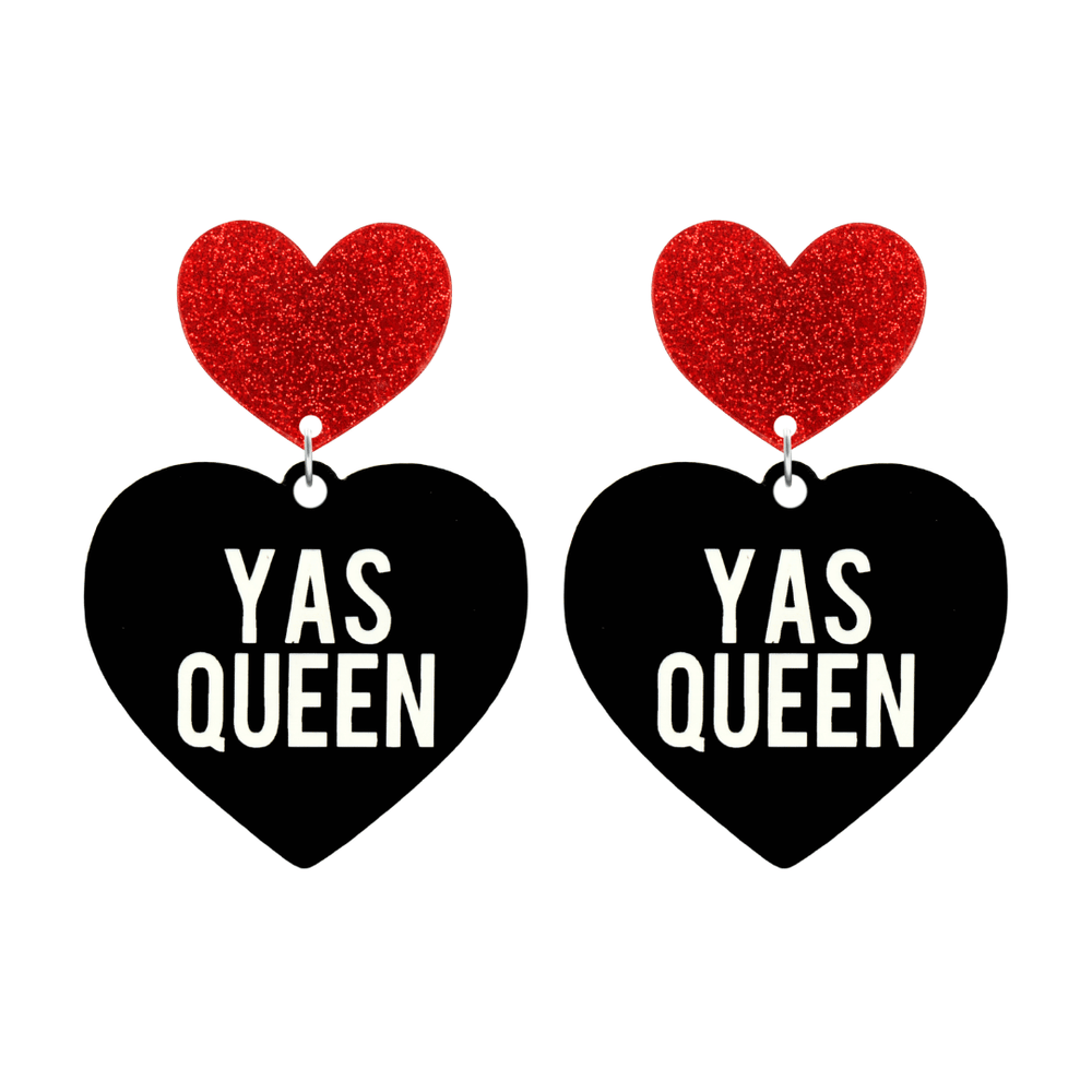 haus of dizzy black heart-shaped earrings with 'YAS QUEEN' text in white and red glittery hearts tops size large