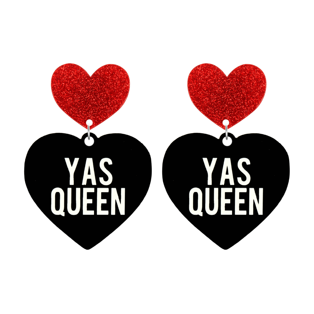 haus of dizzy black heart-shaped earrings with 'YAS QUEEN' text in white and red glittery hearts tops size large