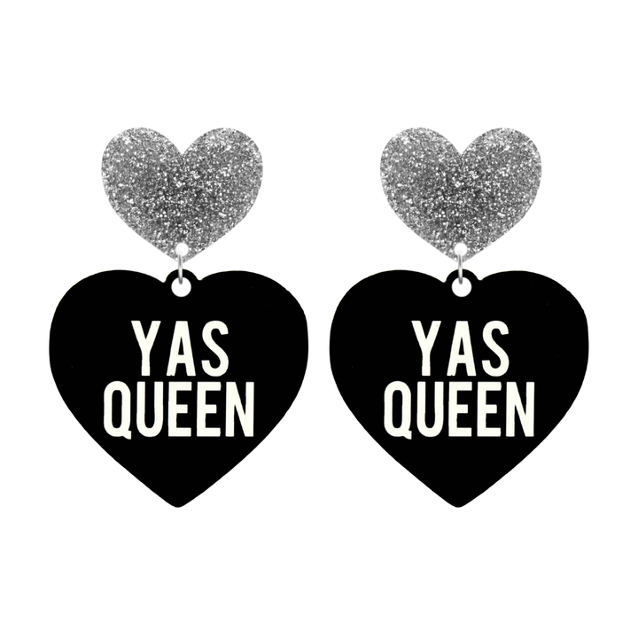 haus of dizzy black heart-shaped earrings with 'YAS QUEEN' text in white and silver glittery hearts tops size large