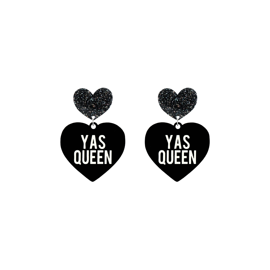 haus of dizzy black heart-shaped earrings with 'YAS QUEEN' text in white and black glittery hearts tops size small