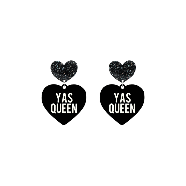 haus of dizzy black heart-shaped earrings with 'YAS QUEEN' text in white and black glittery hearts tops size small